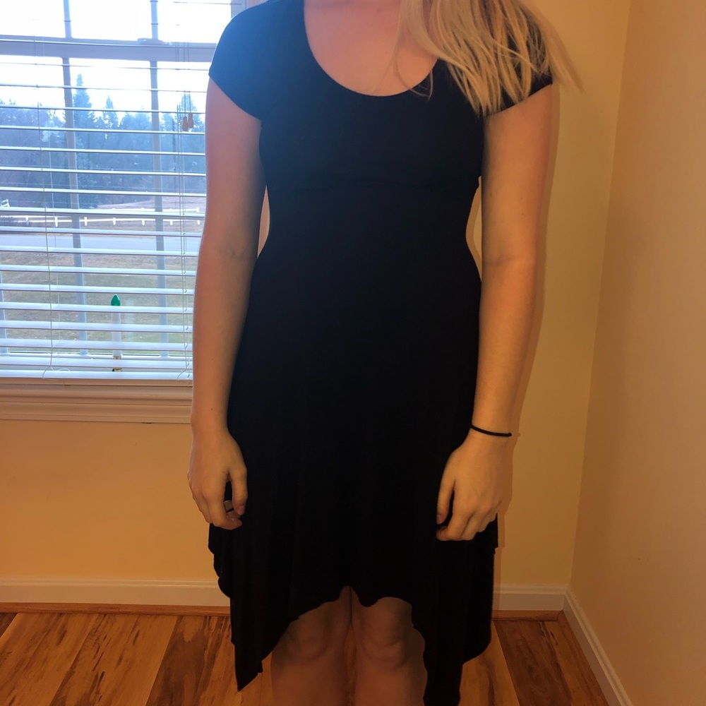 Black asymmetrical dress.